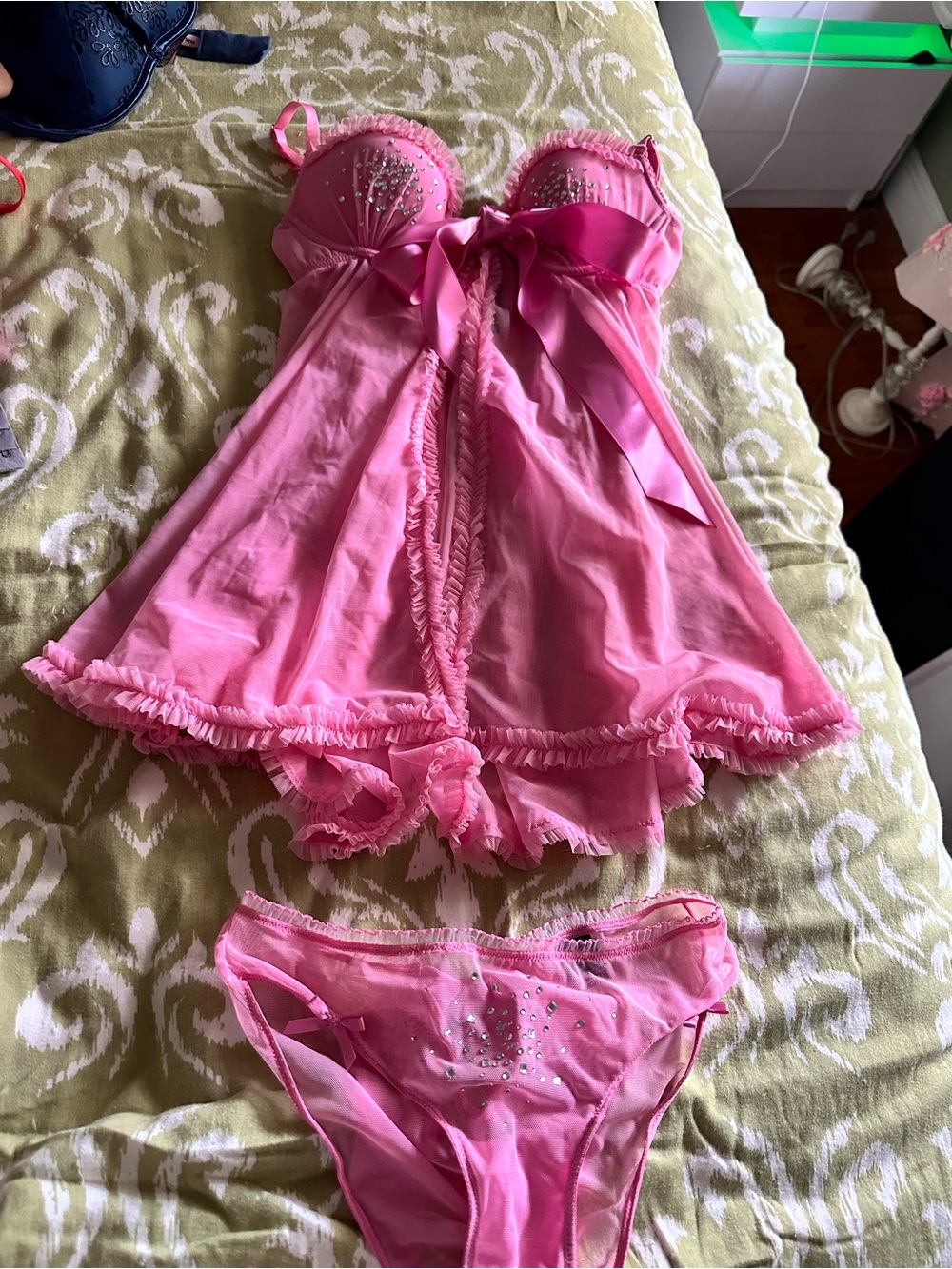 Pink Satin-Trim Babydoll Lingerie Set - Brand Unspecified